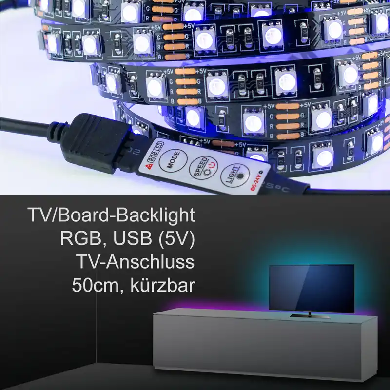 Saisonangebot TV/Board Ambience Backlight, LED-Strip inkl. Controller, 50cm, RGB, USB 5V, für Samsung, Sony u.a.