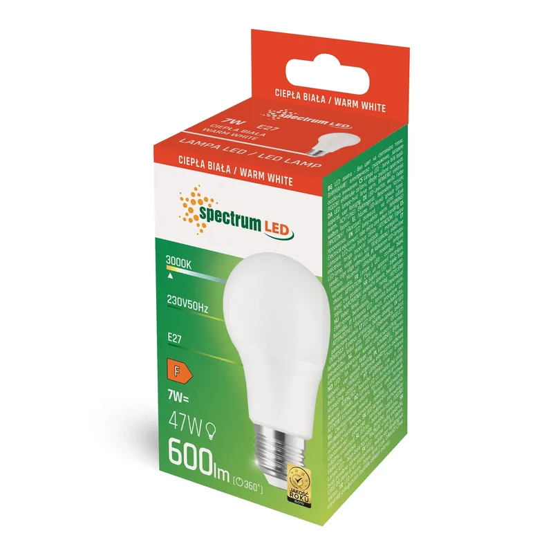 Spectrum LED E27 A60 7W = 47W Birne 270° 600lm 230V Warmweiß 3000K Begrenztes Angebot