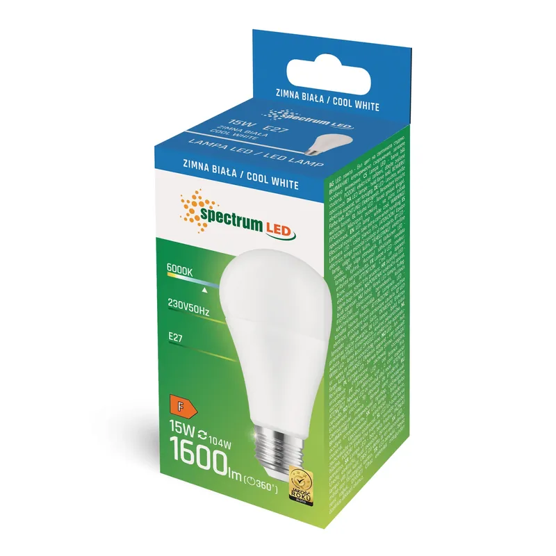 Spectrum LED E27 A60 15W = 104W Birne 270° 1600lm 230V Kaltweiß 6000K Direkt Vom Hersteller