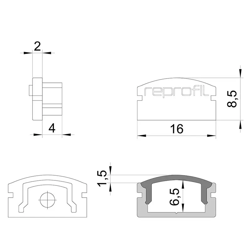 Neu Reprofil, Endkappe F-AU-01-10 Set 2 Stk, Kunststoff, Länge: 16 mm