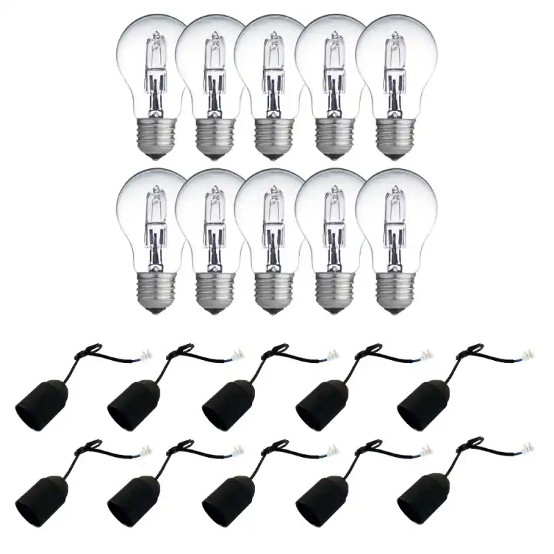 10 x Eco Halogen Glühbirne 42W = 60W E27 klar dimmbar Glühlampe 2000h + 10 x Baufassung Lampenfassung Neu
