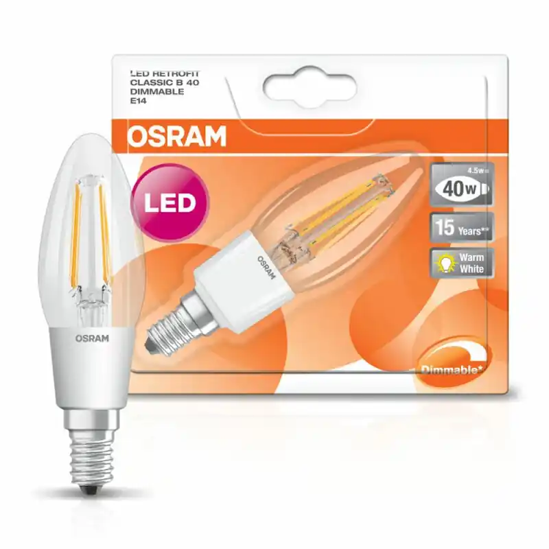 Osram LED Filament Leuchtmittel Kerze 4,5W = 40W E14 klar warmweiß 2700K DIMMBAR Direktkauf
