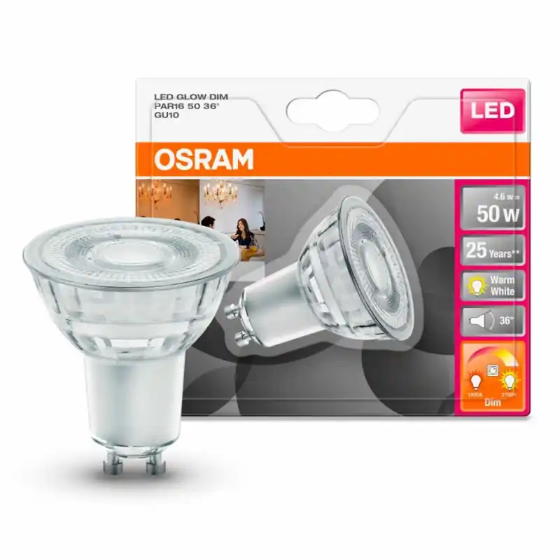 Bestpreis Osram LED Leuchtmittel Glas Reflektor 4,6W = 50W GU10 GlowDim warmweiß 2000K-2700K 36°