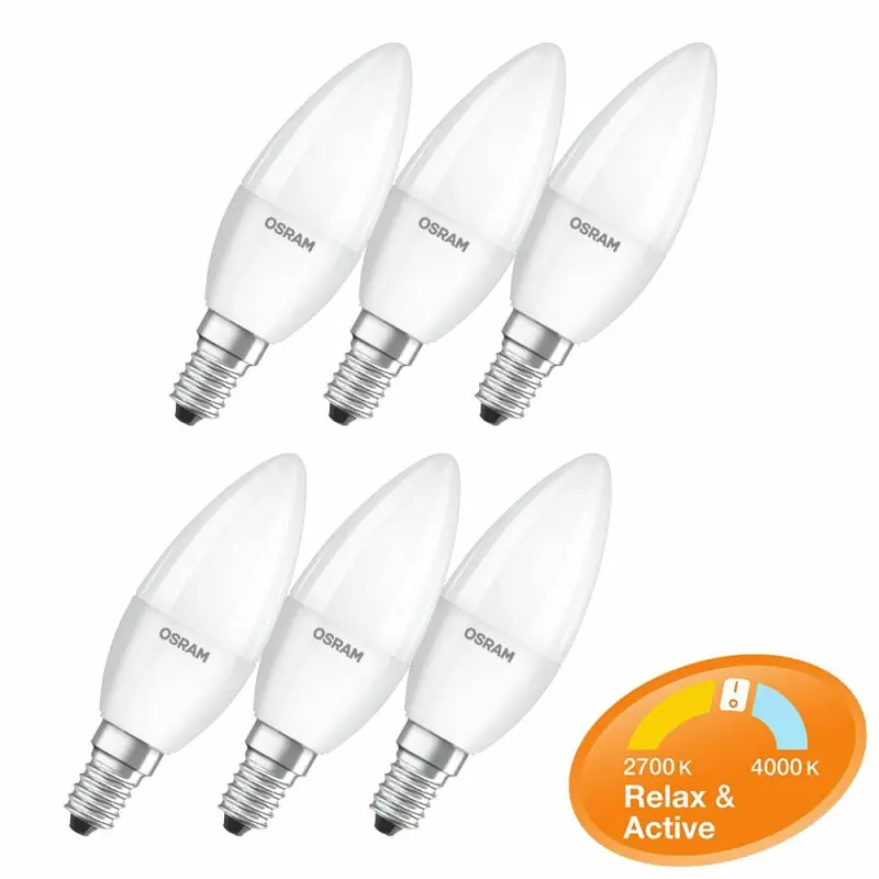 6 x Osram LED Leuchtmittel Kerzenform 5W = 40W E14 matt Relax & Active warm kalt per Lichtschalter Begrenztes Angebot
