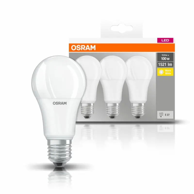 Saisonangebot 3 x Osram LED Leuchtmittel Birnenform 13W = 100W E27 matt 1521lm warmweiß 2700K 180°