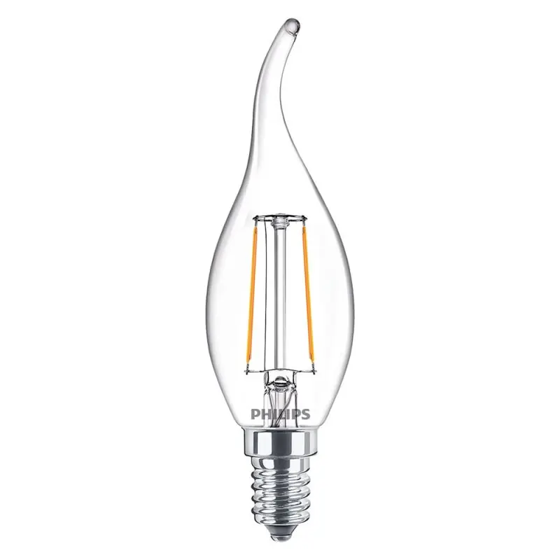 Neu Im Sortiment Philips LED Filament Leuchtmittel Windstoß Kerze 2W = 25W E14 klar 250lm warmweiß 2700K