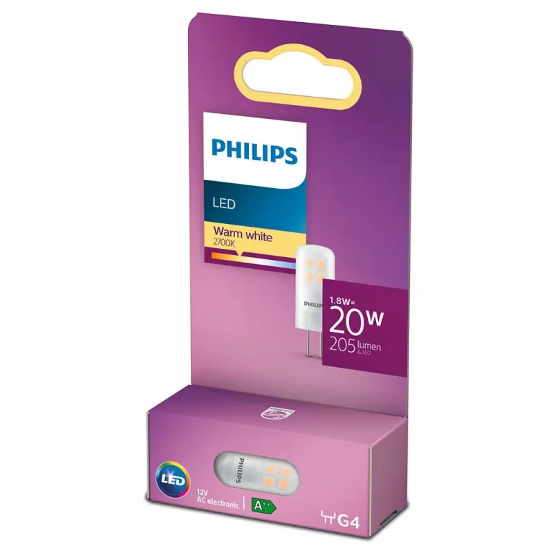 Expressversand Philips LED Leuchtmittel Stiftsockellampe 1,8W = 20W G4 matt 205lm warmweiß 2700K