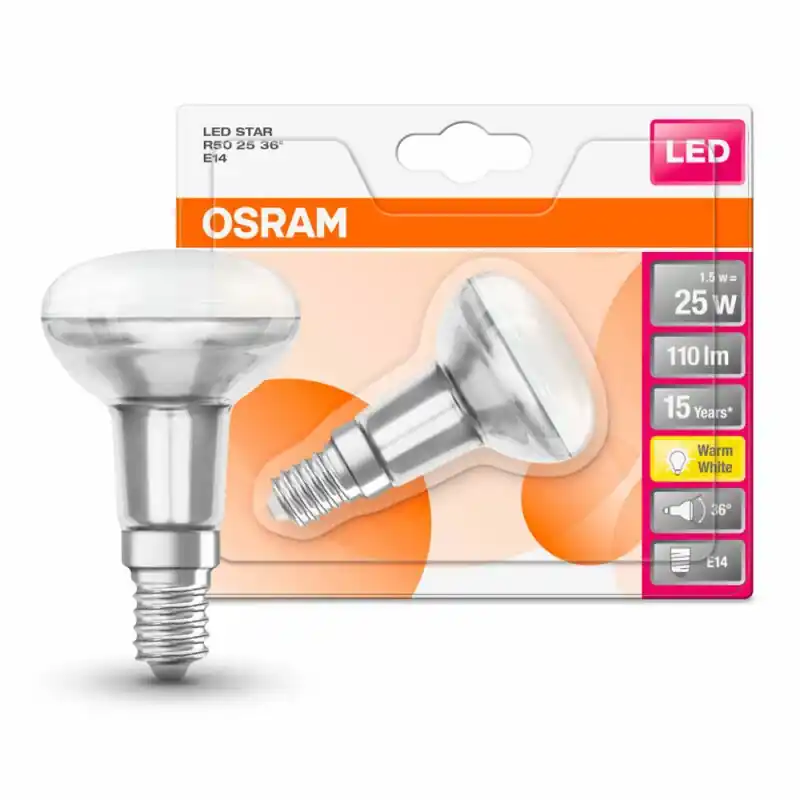 Osram LED Leuchtmittel Glas Reflektor R50 Star 1,5W = 25W E14 matt 110lm FS warmweiß 2700K Nur Heute