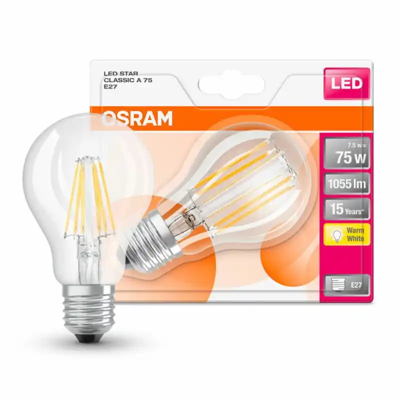 Osram LED Filament Lampen Retrofit Birnenform 8W = 75W E27 klar 1055lm FS warmweiß 2700K Nur Heute