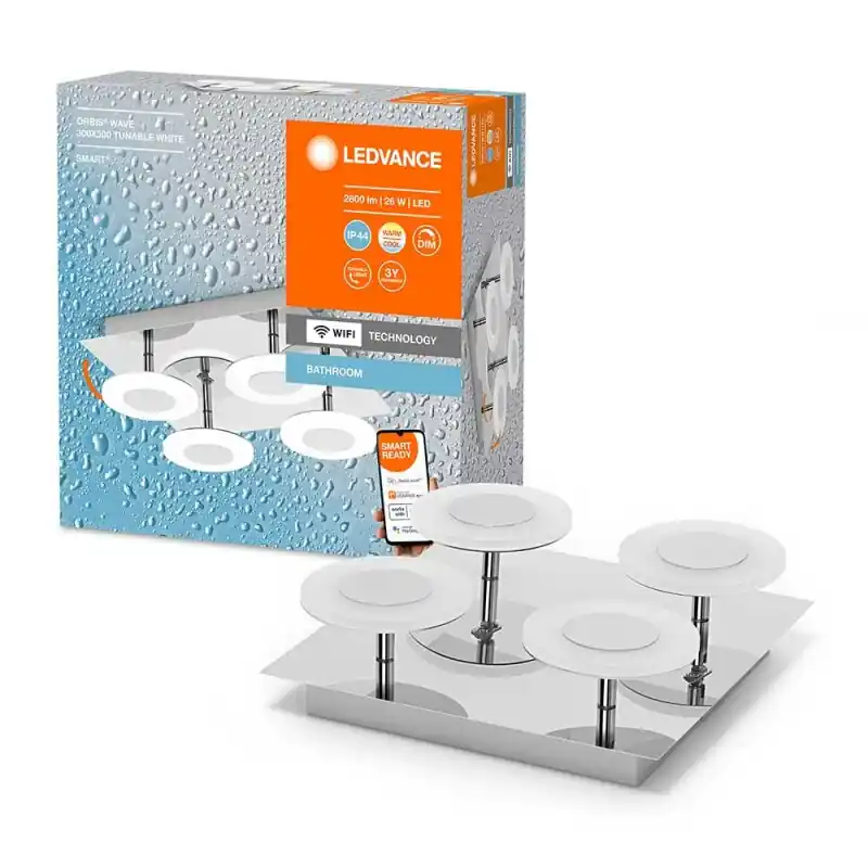 Ledvance LED Smart+ Deckenleuchte Orbis Wave Chrom IP44 26W 2800lm 3000K-6500K Dimmbar App Google Alexa WiFi Direkt Vom Hersteller
