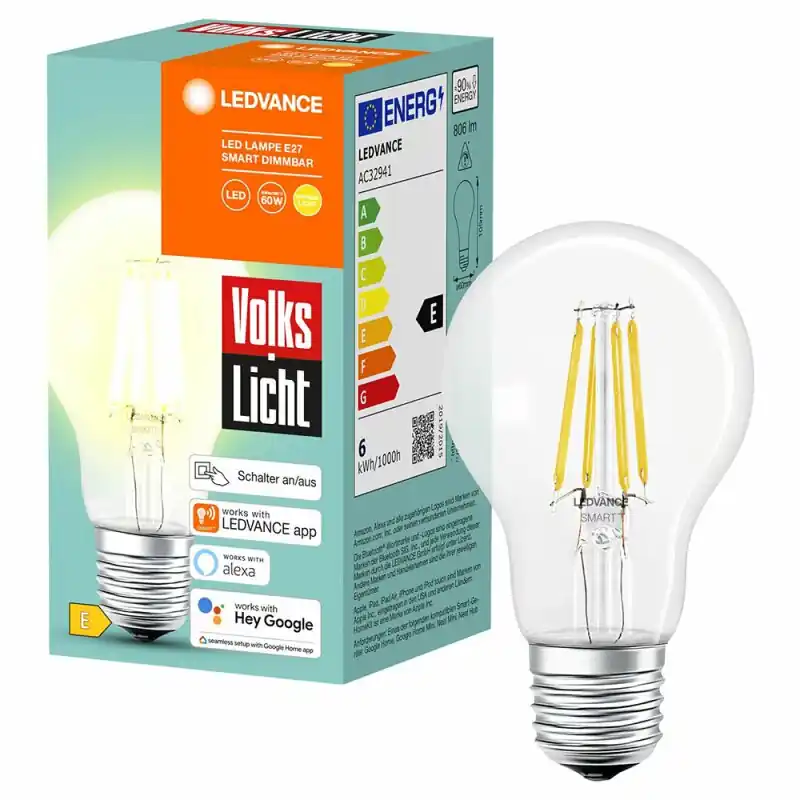 Online Kaufen Ledvance LED Filament Smart+ Volkslicht Lampe 6W E27 klar warmweiß dimmbar Alexa & Google Bluetooth