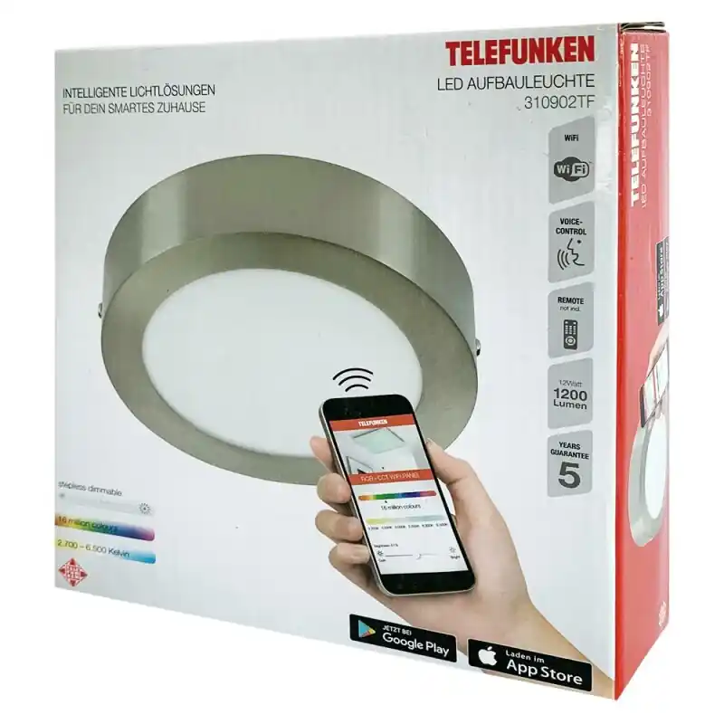 Jetzt Kaufen Telefunken Smart LED Aufbauleuchte Nickel matt rund Ø17cm 12W 1200lm CCT + RGB Tuya WiFi