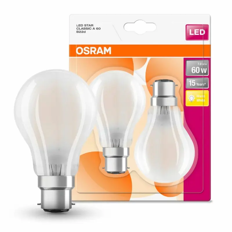 2 x Osram LED Filament Leuchtmittel Star Classic Birne A60 7W = 60W B22d matt 806lm warmweiß 2700K Wochenendangebot