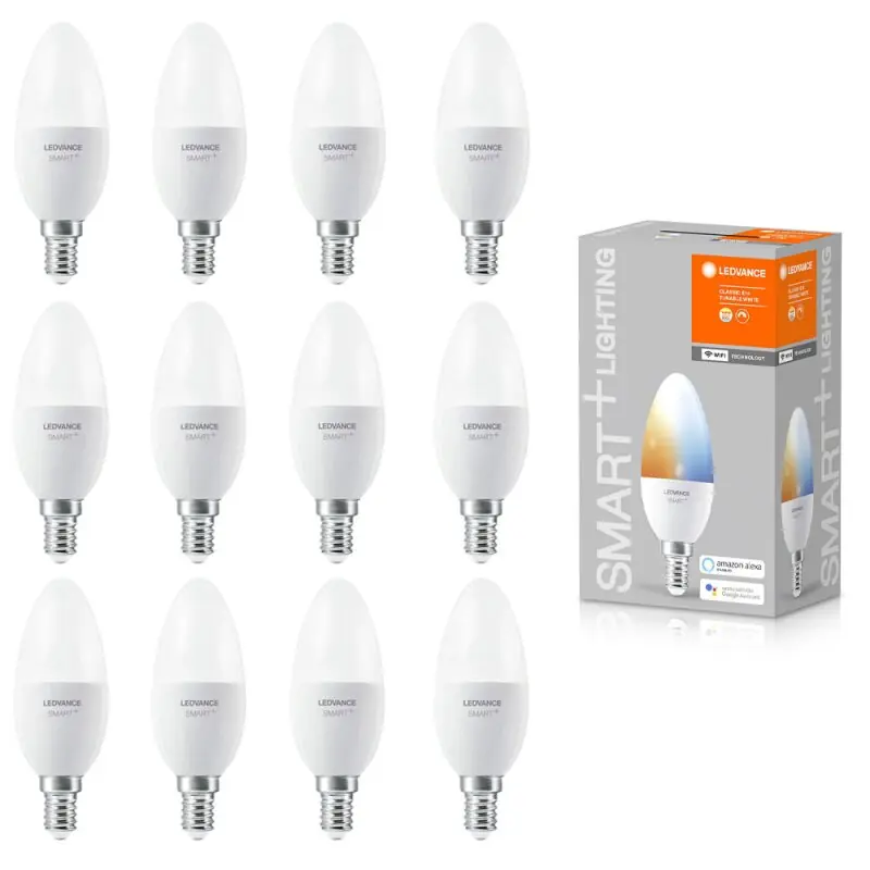 Günstig 12 x Ledvance LED Smart+ Kerze B40 4,9W = 40W E14 470lm Tunable White 2700K-6500K 200° Dimmbar App Google Alexa WiFi