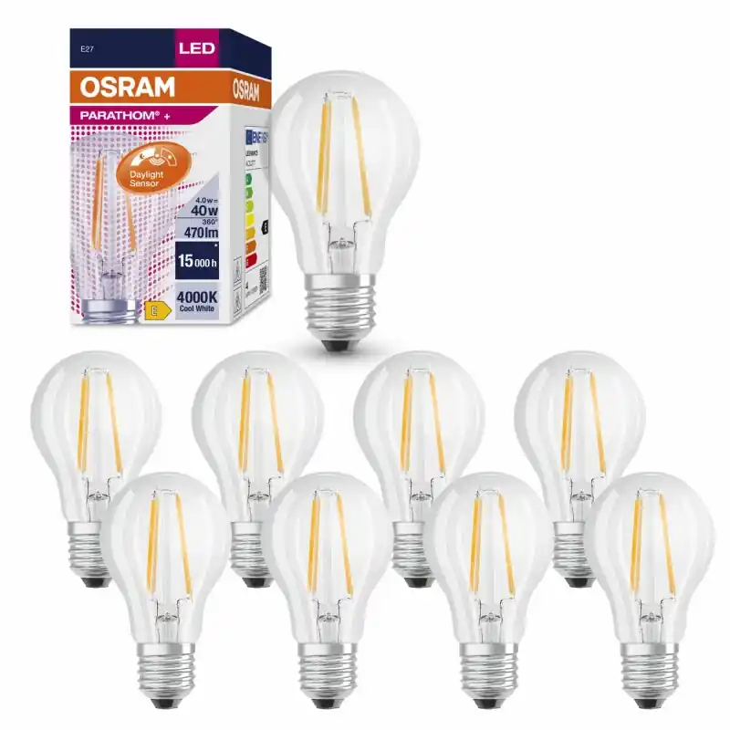 10 x Osram LED Filament Parathom A60 Birnenform 4W = 40W E27 klar 470lm FS neutralweiß 4000K Tageslichtsensor Markenware