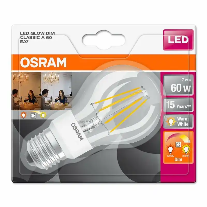 Osram LED Filament Leuchtmittel Birnenform 7W = 60W E27 klar Glow Dim FS warmweiß 2200K - 2700K DIMMBAR Kostenloser Versand