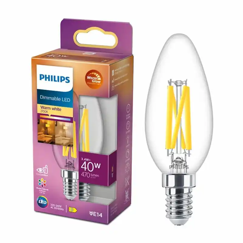 Philips LED Filament Kerze 3,4W = 40W E14 klar 470lm WarmGlow 2200K-2700K Ra>90 DIMMBAR Markenware