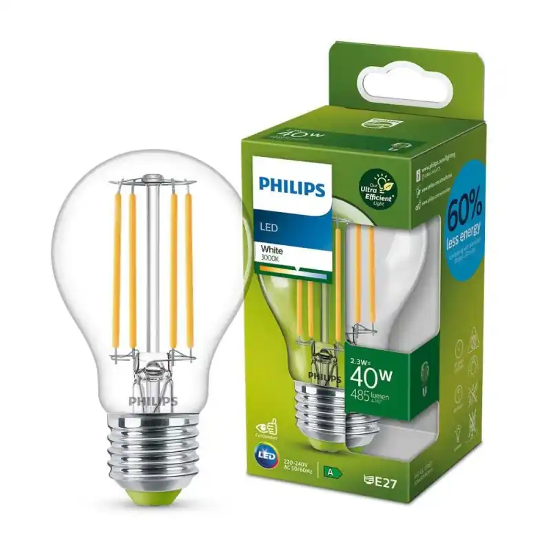 Philips LED Filament A60 Birnenform 2,3W = 40W E27 klar 485lm Neutralweiß 4000K Ultraeffizient Preis Gesenkt