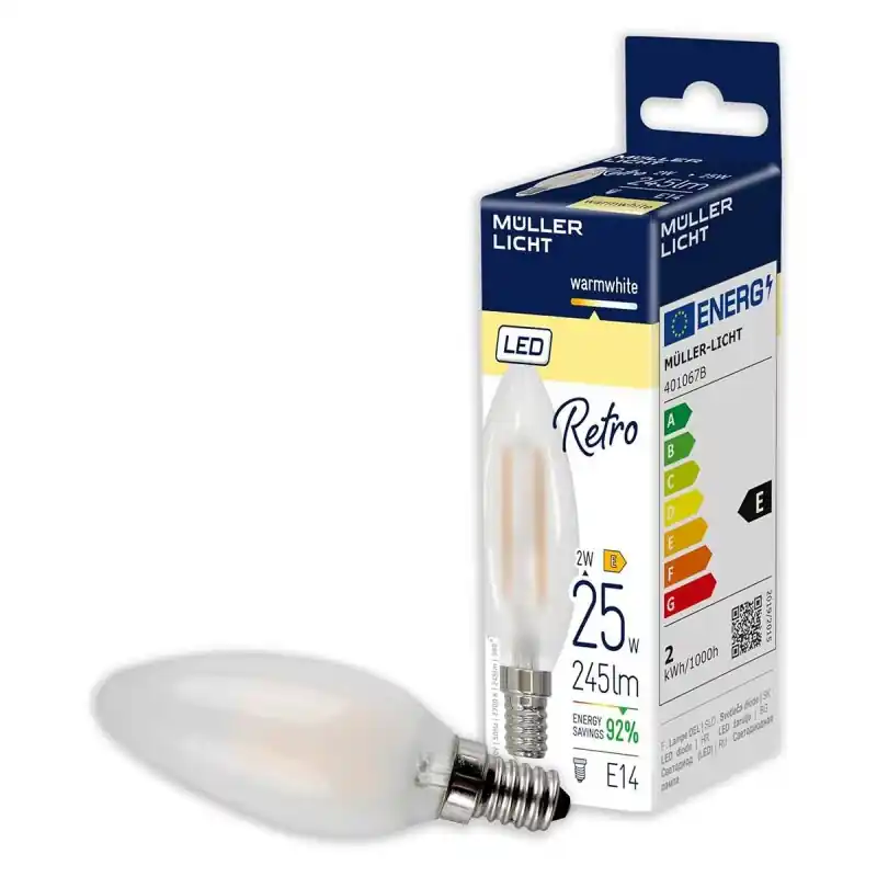 Finale Aktion Müller-Licht LED Filament Kerze 2W = 25W E14 matt 245lm warmweiß 2700K