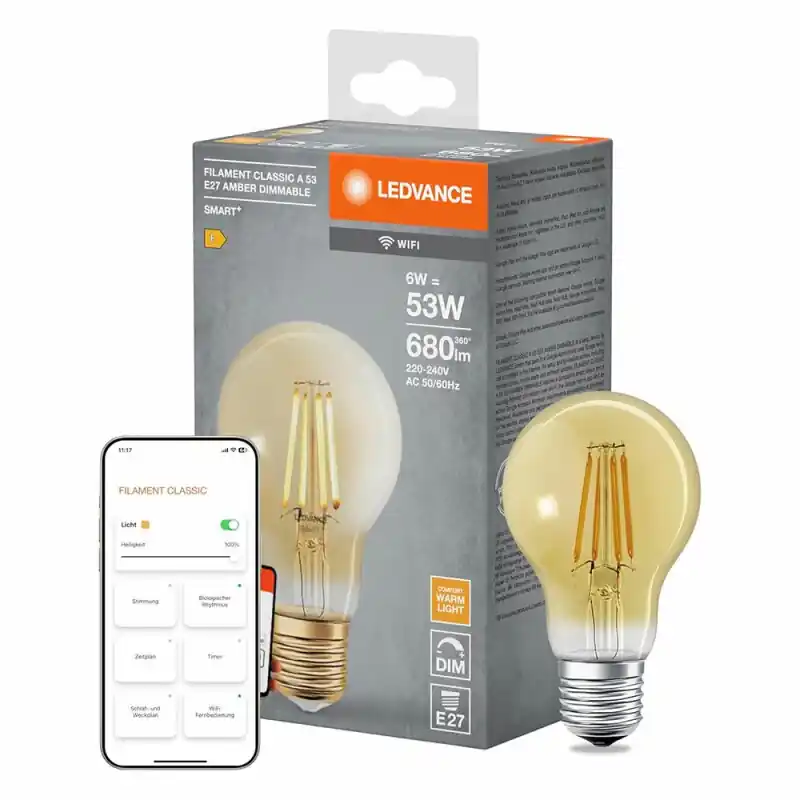 Nur Für Kurze Zeit Ledvance LED Smart+ Filament A60 Birne 6W = 53W E27 Gold 680lm extra warmweiß 2400K Dimmbar App Google Alexa WiFi