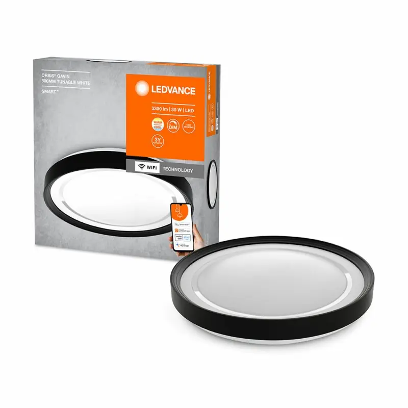 Markenware Ledvance LED Smart+ Deckenleuchte Orbis Gavin Schwarz Ø48,4cm 30W 3300lm 2700K-6500K Dimmbar App Google Alexa WiFi