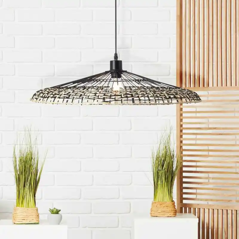 Kostenfreie Lieferung Brilliant Pendelleuchte Fixi Schwarz/Natur Ø60cm max. 40W E27 ohne Leuchtmittel kürzbar