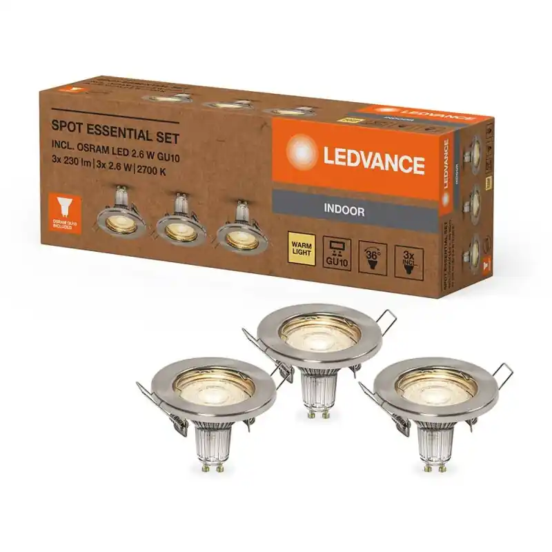 Begrenztes Angebot 3 x Ledvance LED Einbauleuchte Spot Essential Nickel gebürstet 2,6W GU10 230lm warmweiß 2700K