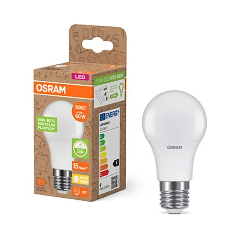 Abverkauf Osram LED A60 Birne 8,5W = 60W E27 matt 806lm warmweiß 2700K recycelter Kunststoff
