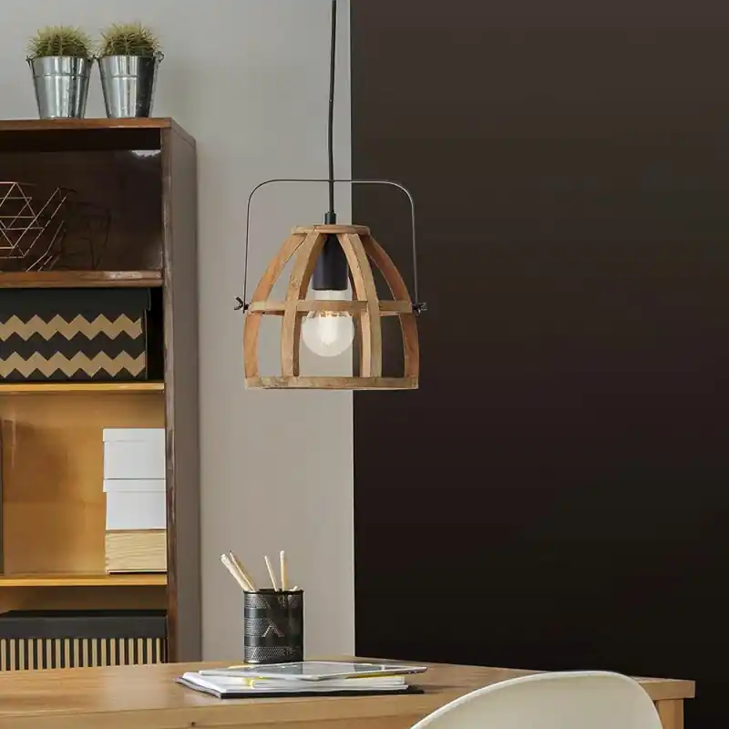 Brilliant Pendelleuchte Calley Schwarz/Holz Ø26cm max. 42W E27 ohne Leuchtmittel kürzbar Echt