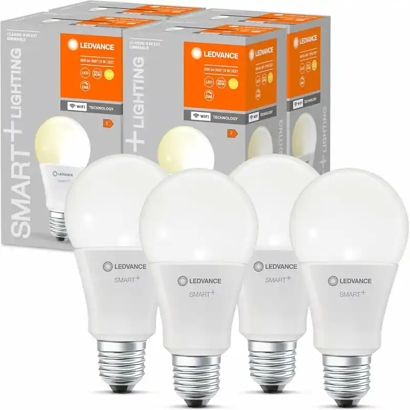 Sichere Zahlung 4 x Ledvance LED Smart+ Leuchtmittel A60 Birne 9W = 60W E27 matt 806lm warmweiß 2700K Dimmbar App Google Alexa WiFi