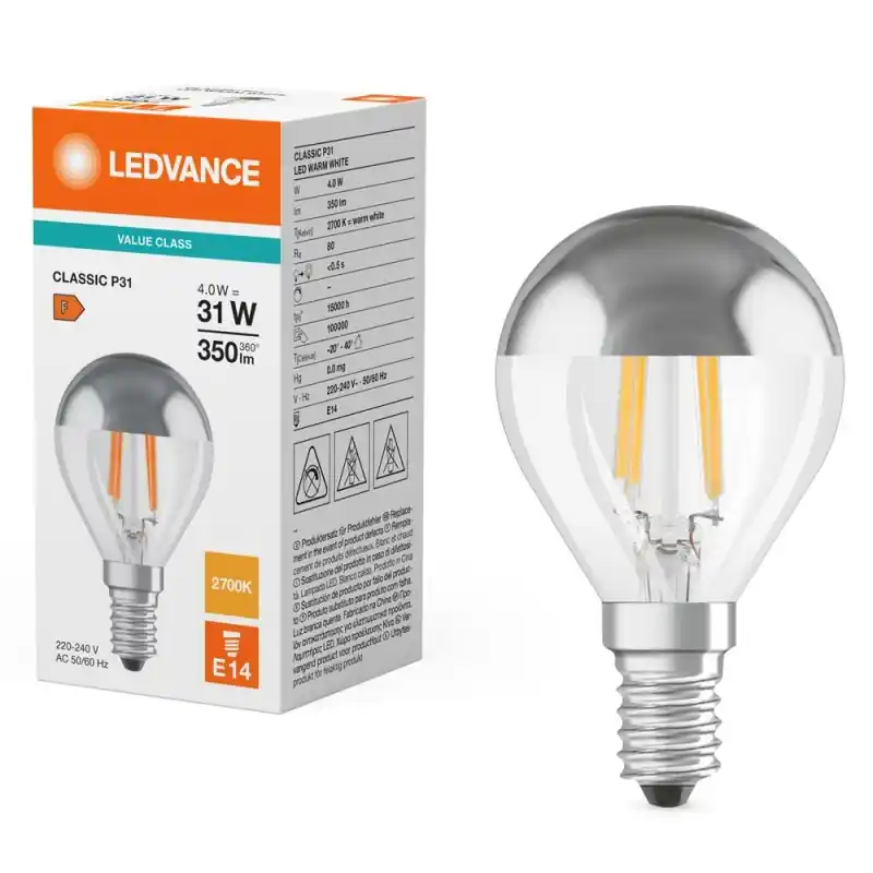 Ledvance LED Filament Tropfen 4W = 31W E14 350lm Kopfspiegel Silber warmweiß 2700K Jetzt Bestellen