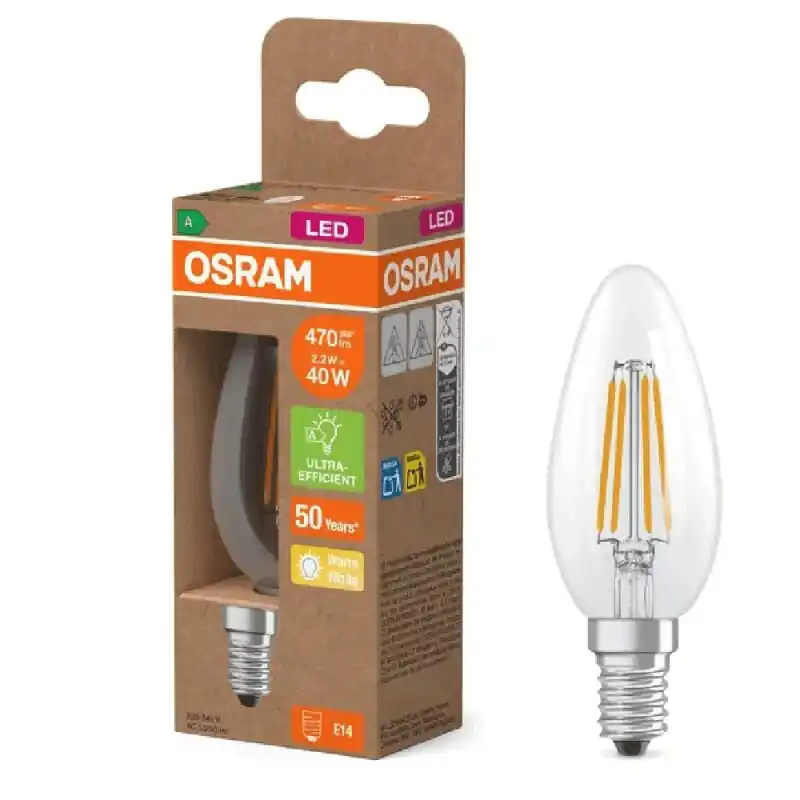 Expressversand Osram LED Filament C35 Kerze 2,2W = 40W E14 klar 470lm warmweiß 2700K ultra effizient