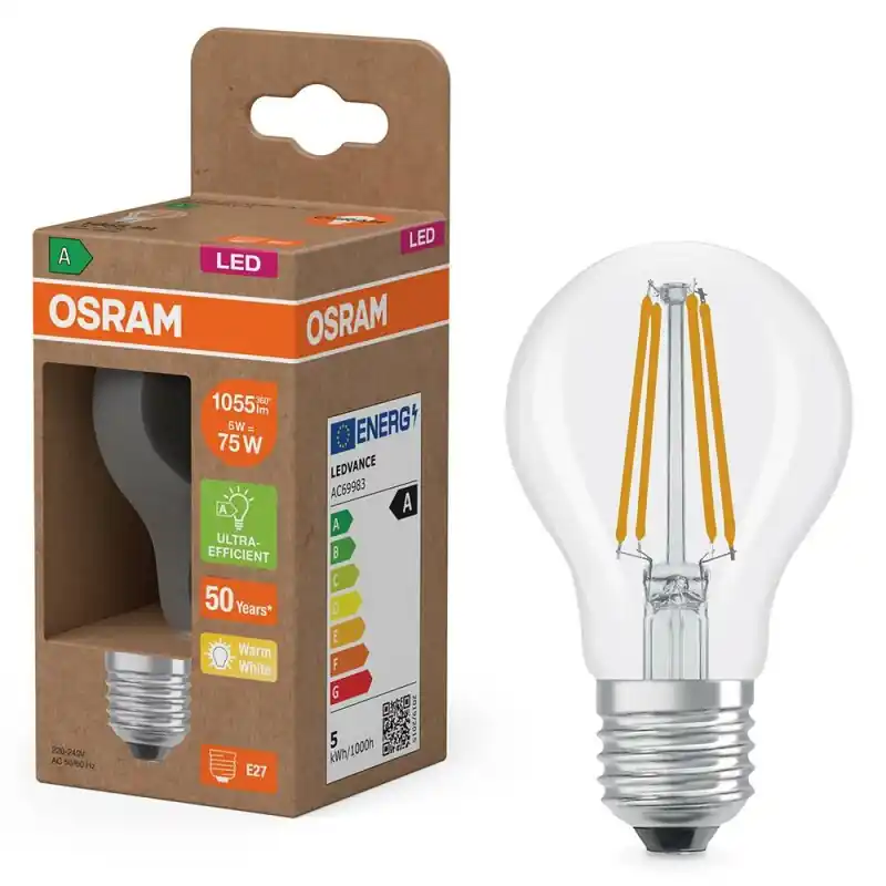 Osram LED Filament A60 Birne 5W = 75W E27 klar 1055lm warmweiß 2700K Ultra effizient Top-Angebot