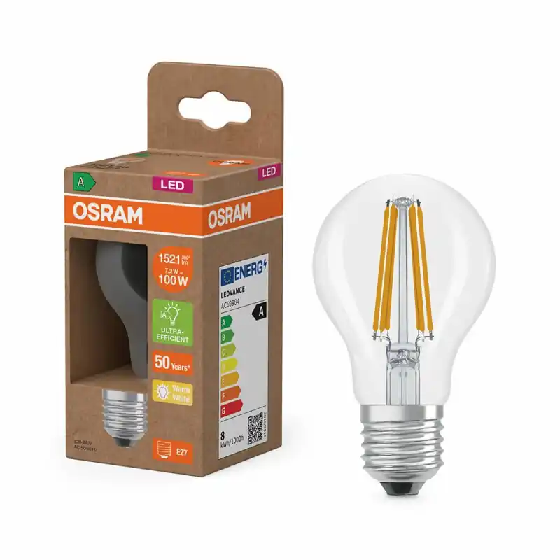 Osram LED Filament A60 Birne 7,2W = 100W E27 klar 1521lm warmweiß 2700K ultra effizient Markenware