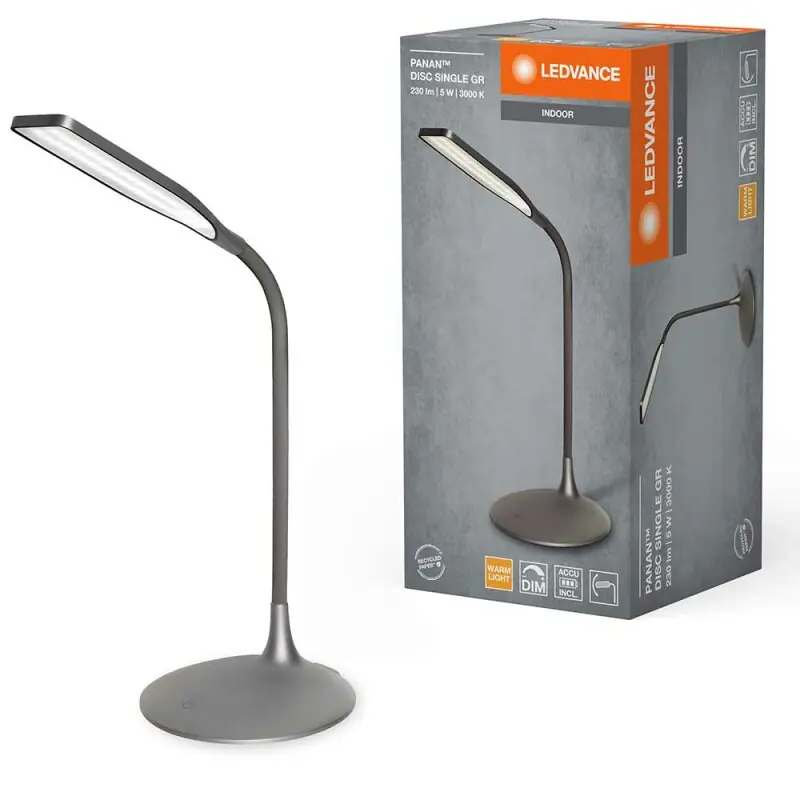 Rabatt Ledvance LED Akku Schreibtischlampe Panan Disc Single Grau 5W 220lm Warmweiß 3000K Dimmbar