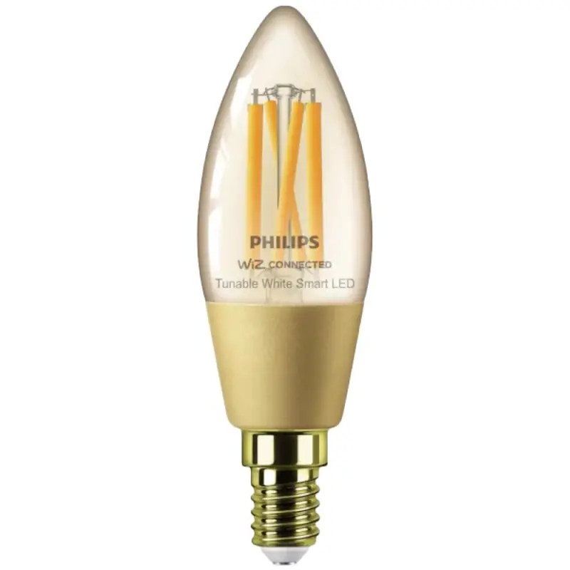 Neuheit Philips Smart LED Filament Vintage C35 Kerze 4,9W = 25W E14 Gold 370lm CCT 2000K-5000K Dimmbar WiZ App Google Alexa Apple Home Bluetooth WiFi