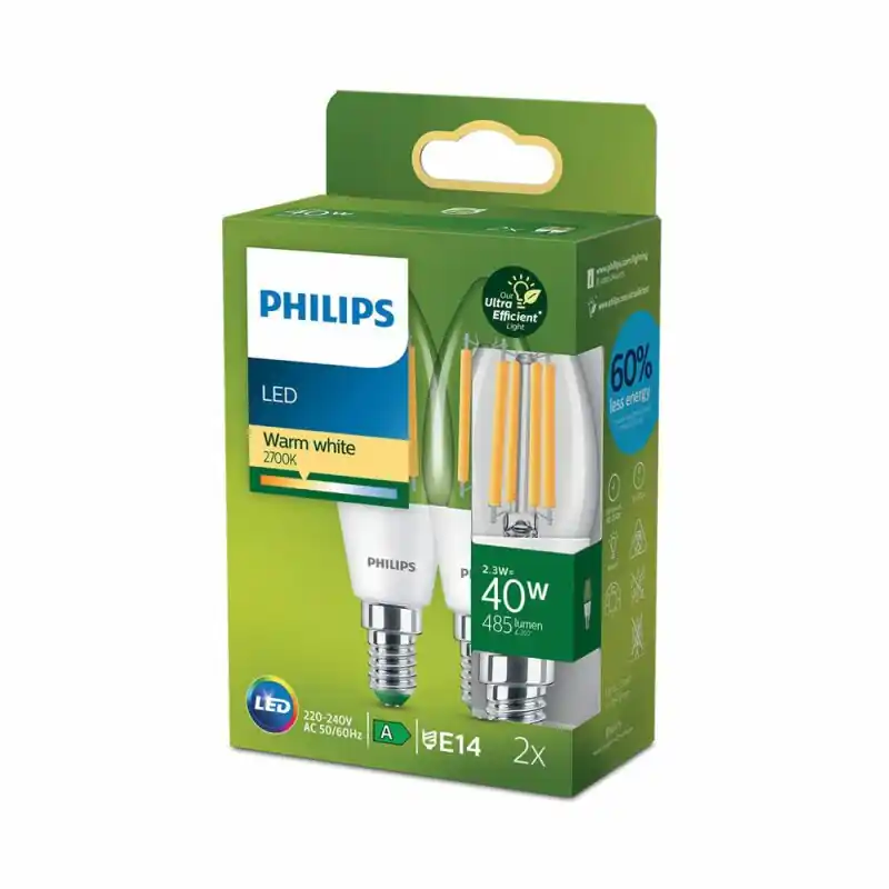 Super-Preis 2 x Philips LED Filament C35 Kerzen 2,3W = 40W E14 klar 485lm warmweiß 2700K ultra effizient
