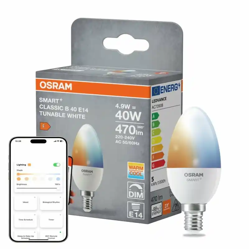 Osram LED Smart+ Kerze 4,9W = 40W E14 matt 470lm TW 2700–6500K Dimmbar App Alexa Google Apple WiFi Matter Highlight