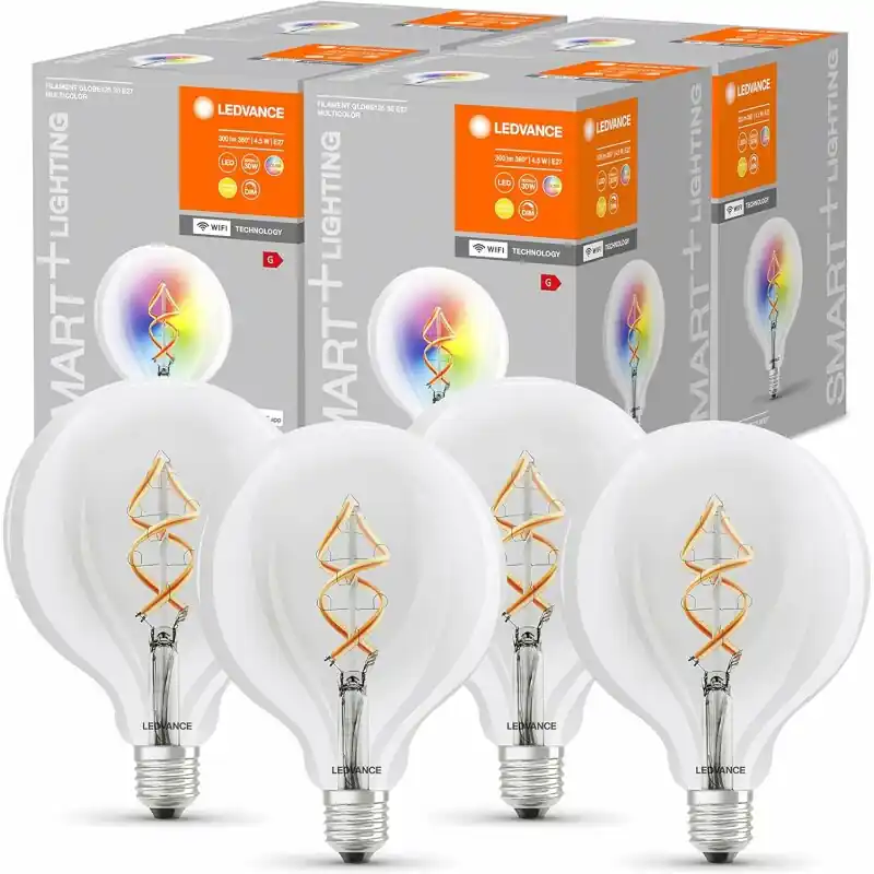 4 x Ledvance LED Smart+ Filament G125 Globe 4,5W = 30W E27 klar RGBW 2700K Dimmbar App Google Alexa WiFi Sichere Zahlung