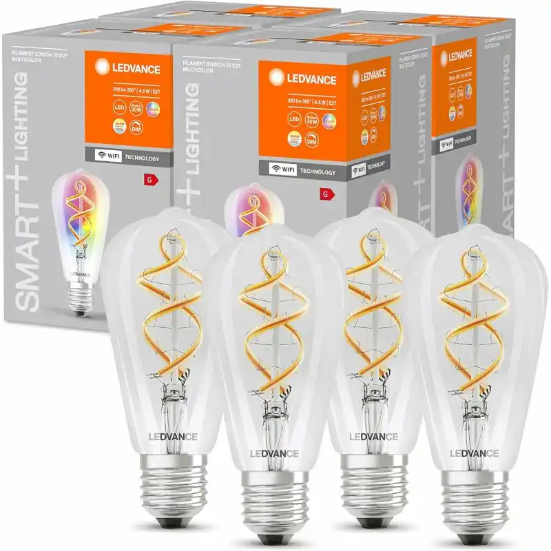 Neue Kollektion 4 x Ledvance LED Smart+ Filament Edison ST64 4,5W = 30W E27 klar 300lm Warmweiß 2700K + RGB Dimmbar App Google Alexa WiFi