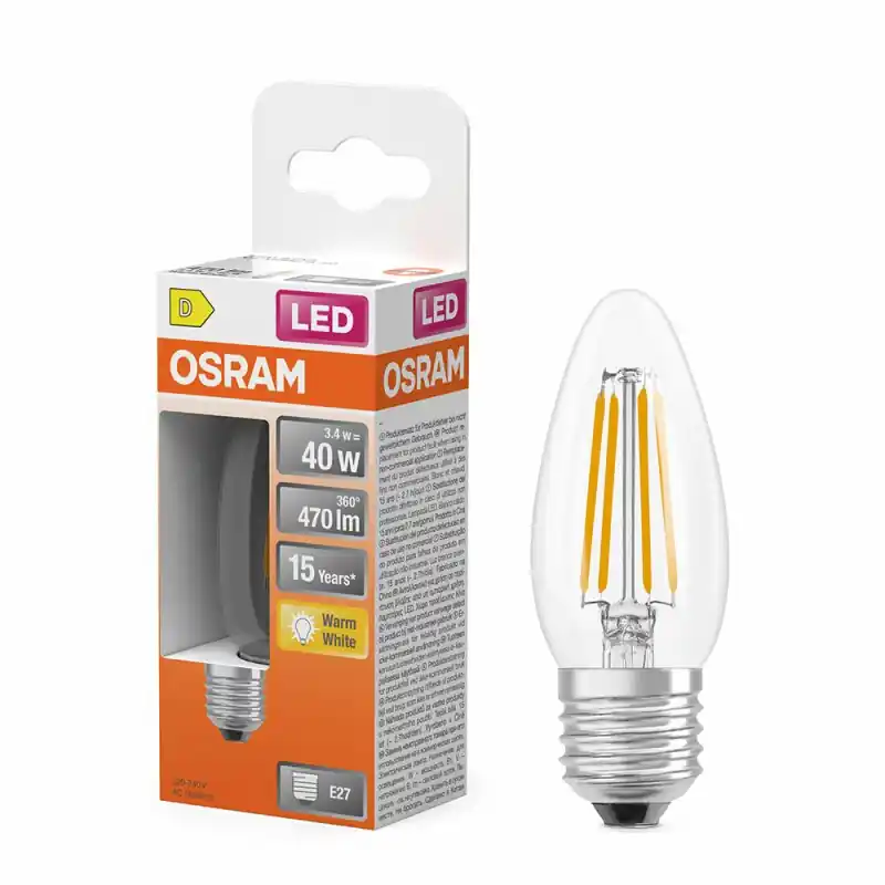 Angebot Osram LED Filament C35 Kerze 3,4W = 40W E27 klar 470lm Warmweiß 2700K 300°