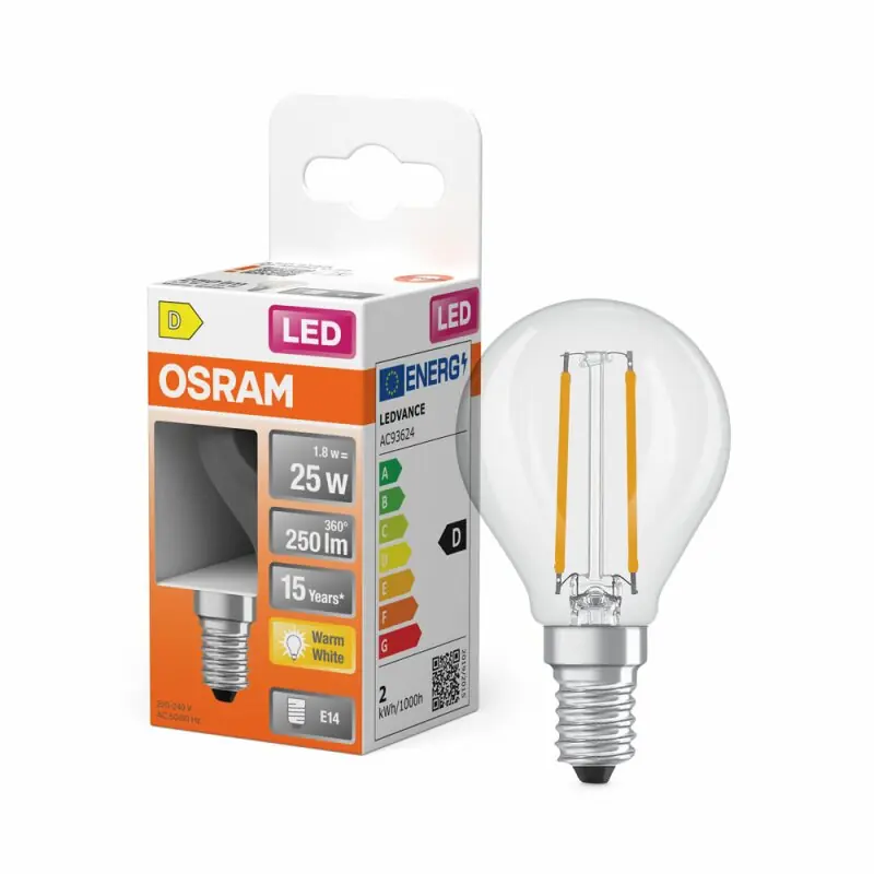 Kostenloser Versand Osram LED Filament P45 Tropfen Retrofit Classic 1,8W = 25W E14 klar 250lm warmweiß 2700K