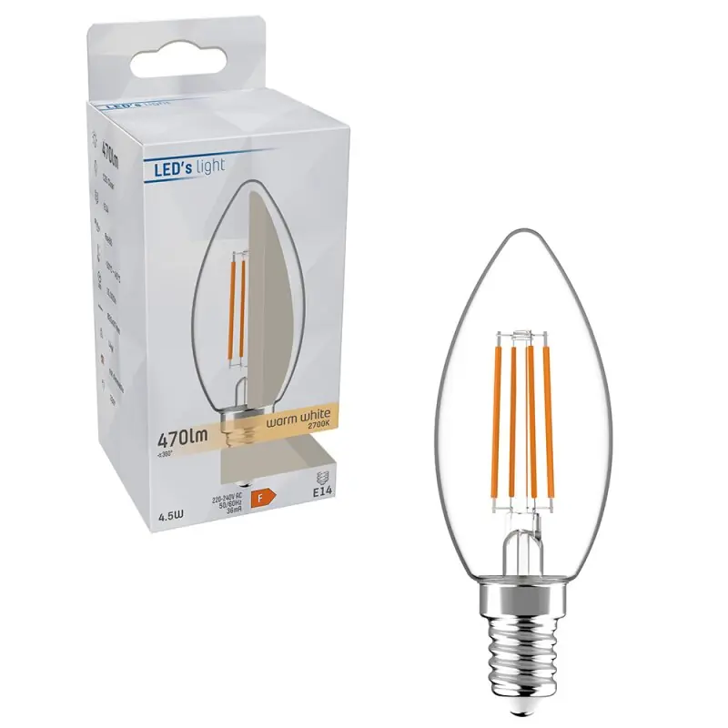 LED´s light LED Filament C35 Kerze 4,5W = 40W E14 klar 470lm warmweiß 2700K Markenprodukt
