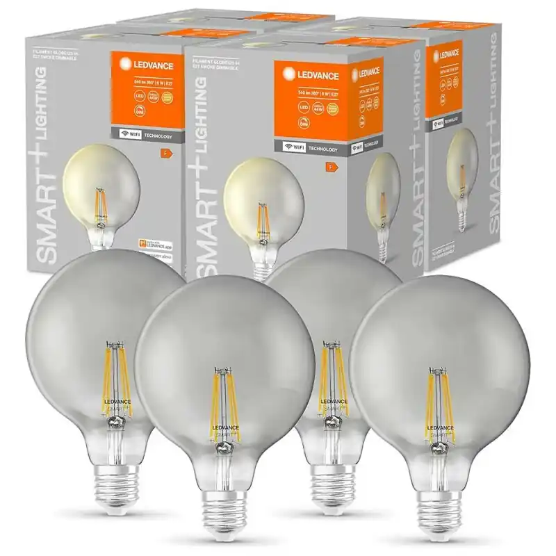 4 x Ledvance LED Smart+ Filament G125 Globe 6W = 44W E27 Rauchglas 540lm Extra Warmweiß 2500K DIMMBAR App Google Alexa WiFi Meistverkauft