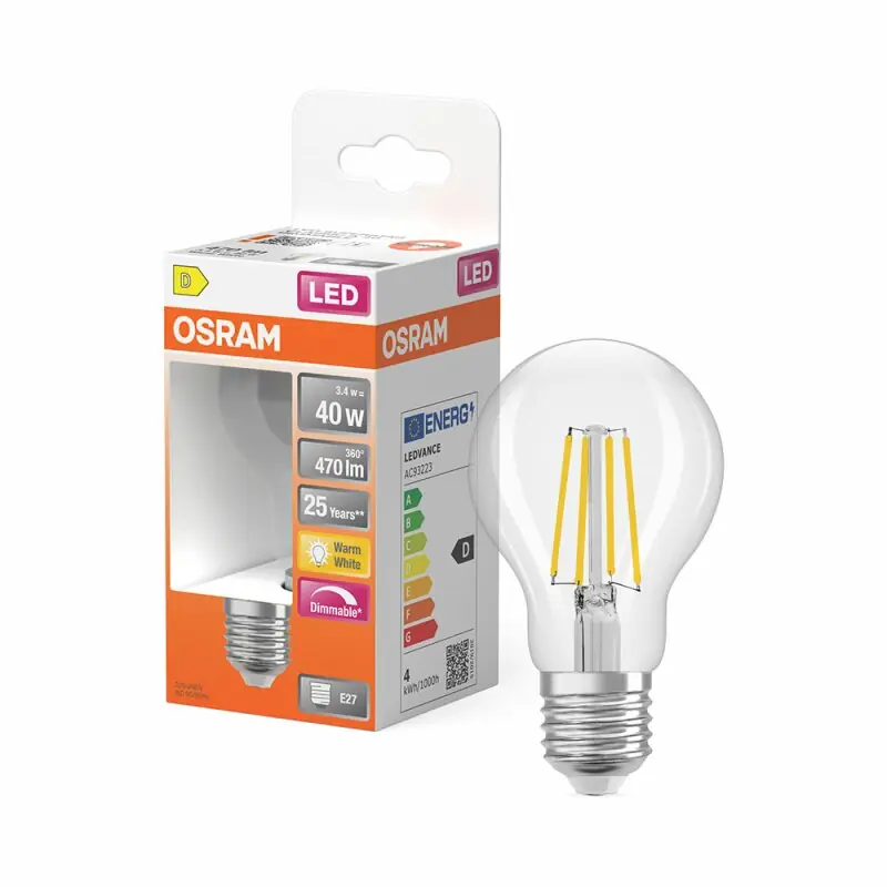 Osram LED Filament A60 Birne 3,4W = 40W E27 klar 470lm warmweiß 2700K DIMMBAR Sofort Bestellen