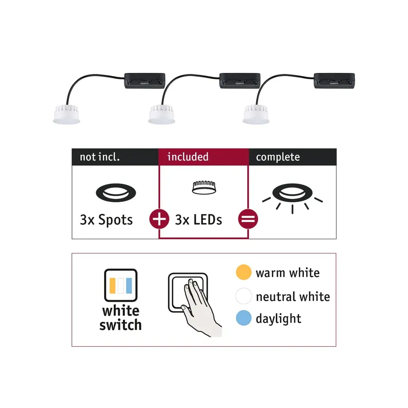 Jetzt Bestellen Paulmann EBL Choose 3er Coin Set WhiteSwitch LED 3x6,5W 620lm 2700K 51mm Kunststoff