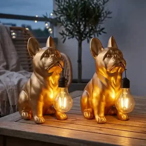 meineWunschleuchte 2er Set LED Deko Solarleuchten Hundelampe Bulldogge in Gold, Höhe 24,5cm Preis Gesenkt