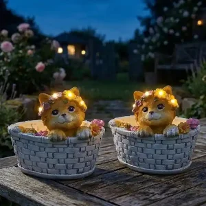meineWunschleuchte 2er Set LED Deko Solarleuchten Katze und Blumen im Korb, Höhe 15cm Zertifiziert