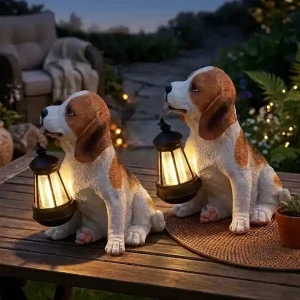 meineWunschleuchte 2er Set LED Deko Solarleuchten Hundelampe mit Laterne in Braun-Weiß, Höhe 26cm Geprüft