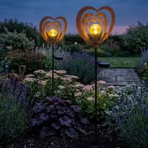 Kostenloser Versand meineWunschleuchte 2er Set LED Solar Gartenstecker mit drehbaren Herzen in Rostoptik, Höhe 82cm